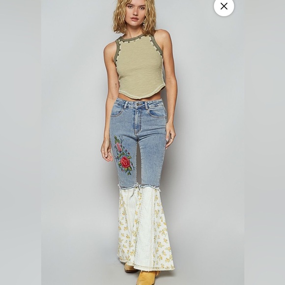 POL Denim - POL Rose Embroider and Floral Gauze Hem Jeans